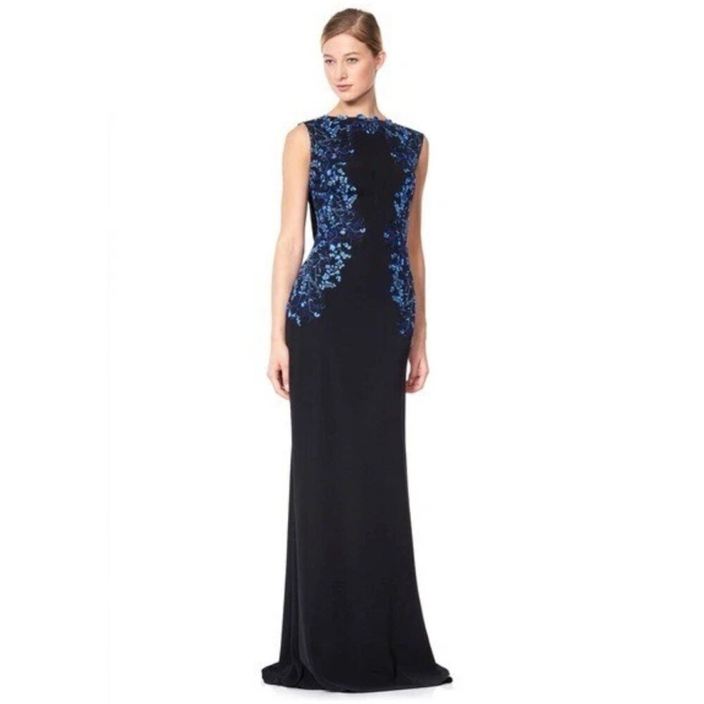 TADASHI SHOJI Ono Black Blue Embroidered Floral Cowl Back Crepe Gown Size 4